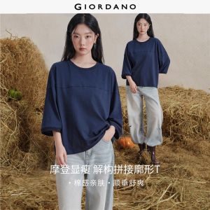 Giordano Women 100% cotton seam detail 3/4 sleeve tee Free Shipping 18326004