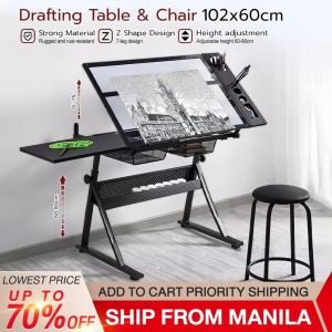【Good Quality】Drawing glass table lift drawing table leather ottoman + extra side table drawers