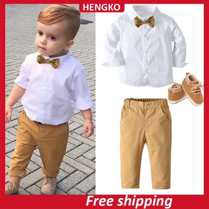 2pcs Set Baptismal Baby Boy Kids Long Sleeve White Shirt Tops