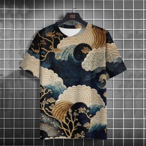 Moon Waves Pattern T-Shirt For Men Mountain Ocean 3D Printed T Shirts Fashion Round Neck Casual Short Sleeve Loose Tees Tops