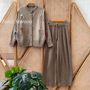Oneset Badriah Cardigan Rajut Motif Tali Pita Setelan Celana Kulot Premium Wanita Lengan Panjang Kekinian