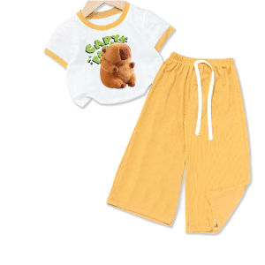 Bộ đồ quần ống rộng thun gân hình in capybara cho bé 6kg -30kg.TNQD14.