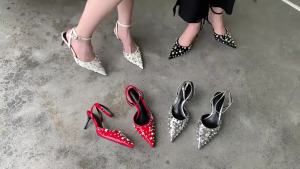 Female Fashion Korean Style Beautiful Colorful Leather Popular Rivet 2.36 Inches Pointed Toe High Heels (Size 35-39)㏇X0415
