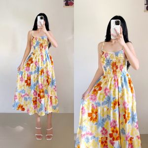 Sunny&Co Cotton Spandex Flower Maxi Smocking Long Dress