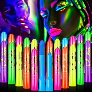 Handepo 24 Pcs Black Light Face Body Paint Neon Crayons KitRainbow Color    Glow Makeup for Adults Halloween Mardi Gras Fluorescent Skin Safe Easy Apply Vibrant Under Blacklight Party