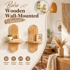 Boho Wooden Wall-Mounted Shelves Vintage Hanging Wood Shelf Elliptical Wall Storage Rack Home Decor