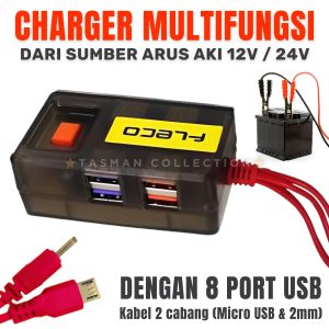 Charger HP Dari Arus Aki Casan HP Dari Aki Motor FLECO ZS-25 8 PORT USB + KABEL CABANG 2 (Micro USB dan 2mm) Mobil Kabel Jack Buaya 50cm ( bisa aki 12v & 24v DC )