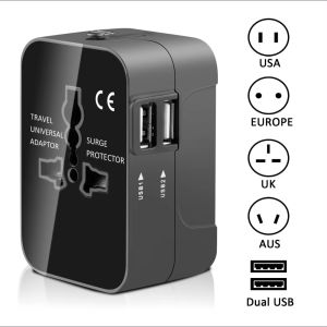 2.1A Fast-Charging 2 USB Ports Travel Adaptor / Worldwide All-In-One AU-EU-UK-US Plugs International Universal Travel Adapter / Compact Small-Sized International Travel Adapter / 2100mA Universal Adapter Plug - [BLACK]