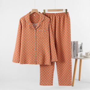 100% Class A pure cotton yarn-dyed cotton yarn womens pajamas spring and autumn lapel collar long-sleeved trousers set loungewear