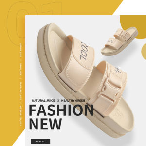 Tsion รองเท้าแตะแฟชั่นแบบสวมมินิมอล แบบสายคาดสาย 2 เส้น สกรีฟอนต์ภาษาอักฤษด้านบน สีพื้นสีโทนสว่างสดใส