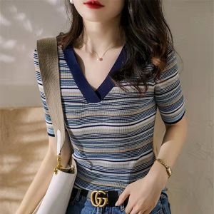 LUCKIN STORE Womens V-neck Stripe T-shirt Knit Womens Short Top Summer Thin 2025 New Slim Korean Top Plus Size