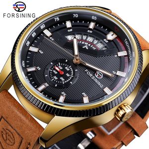 Original Forsining Mechanical Watch Mens Military Sports Automatic Watch Leather Strap Brown Clock