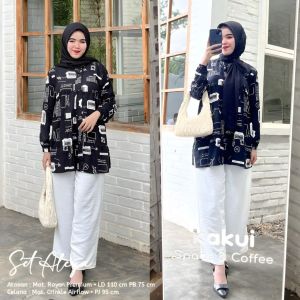 Elisa Set One Set Wanita Kekinian Kemeja Katun Mikro Baju Setelan Wanita Lengan Panjang LD 110 cm