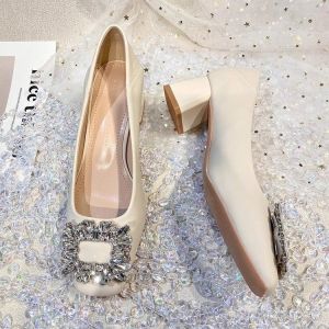 Free Shipping Fashionable Rhinestone Square-Toe Chunky Heel Flats For Women New Autumn Style Versatile Soft Leather Shallow Mouth Elegant Mid-Heel Shoes
