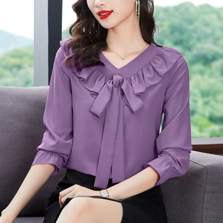 Elegant Bow Long Sleeve V Neck Shirt Women's Spring New