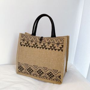 G5Q1 Vintage Simple Geometric Ethnic Shoulder Bag All-match Korean Style Linen Bag Bohemian Shoulder Bag Large Capacity Bag Women Tote Bag Geometric Printing Handbag