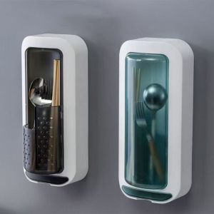 LOPU อุปกรณ์ติดผนัง กรงตะเกียบหมุนได้ Punch-Free กันฝุ่นกันฝุ่น ที่วางของบนโต๊ะอาหาร ง่ายๆ ทนน้ำมันทน ชั้นวางตะเกียบระบายน้ำ สำหรับบ้าน