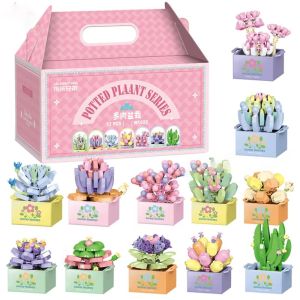 QANGENJU ดีไอวาย บล็อกตัวต่อกระถางดอกไม้ ของเล่นเพื่อการศึกษา ของเล่นเด็กอิฐเด็กผู้หญิง ชุดตัวต่อไม้อวบน้ำ ของขวัญสำหรับเด็ก ต้นไม้ตกแต่งโต๊ะในบ้าน รูปแบบกระถางฉ่ำ