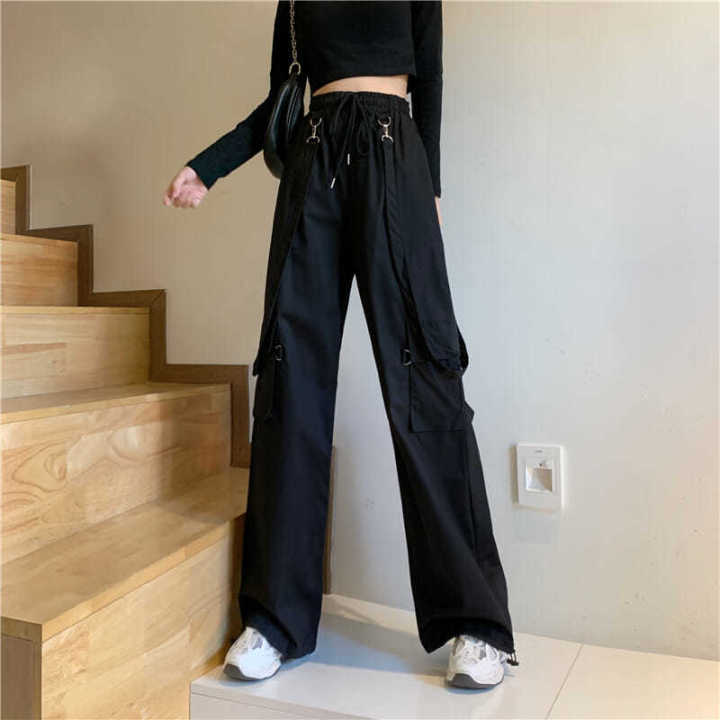Women Fashion Harajuku Cargo Pants Black Detachable Strap Trousers Female  Elastic Waist Streetwear Pants Plus Size Casual Pants