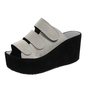 [Free Shipping] Fashionable WomenS Slippers Korean Style New Spring/Summer Collection With Velcro Straps Thick Soles Wedge Heels And A Matte Finish