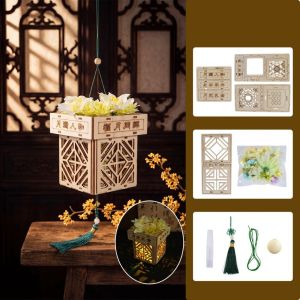HIROCHAO Ancient style Mid-Autumn Festival Lantern Luminous Traditional Style Wooden Luminous Lantern Craft Kit DIY Material Bag Handmade Lamp Home Decoration