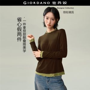Giordano Women Contrast lettuce trim long sleeve tee Free Shipping 18326527