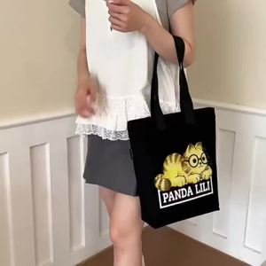 Cute Cat with Glasses Thickened Canvas Shoulder Bag with Zipper   Lightweight large-capacity tote bag for daily classes  #7336