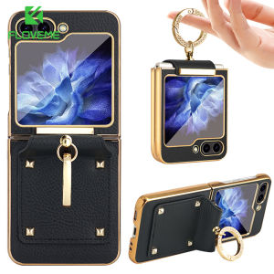 FLOVEME Plating Colorful Glitter Metal Ring Stand Folding Phone Case For Samsung Galaxy Z Flip 5 Flip 4 Flip 3 5G With Hinge Protection Matte Plain Leather Shockproof Back Cover For Galaxy Z Flip 5 Flip 4 Flip 3