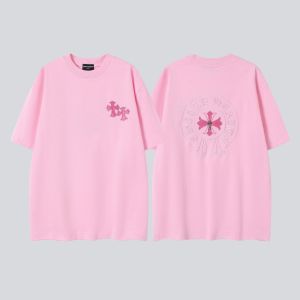 Chrome Heartsˉ เสื้อเชิ้ตแขนสั้นดีไซน์ใหม่สไตล์อเมริกันพร้อมลายปักดอกไม้สามมิติสำหรับผู้ชายและผู้หญิง