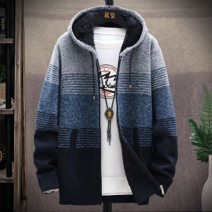 Mens Fleece Cardigan Hooded Jacket Winter Sweater Jumper Zip Knitwear Fashion Striped Thick Warm Sweaters Coat Man Clothes