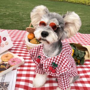 Korean Summer Cool Dog Dress Female Ruffle Red Grid Classic Embroidery Cherry Princess Dress for Dog