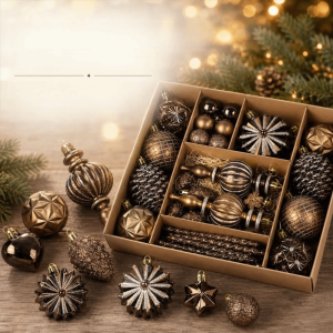 NEMOPH 52PCS Vintage Style Design Christmas Tree Ornaments Glittery Texture Metallic Brown Finish Glittery Christmas Balls Vintage Assorted Patterns Christmas Ball Ornaments Christmas Tree