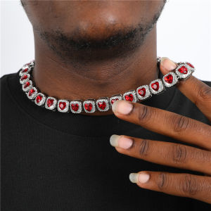 CLIBER Hip Hop 13mm Iced Out Red Heart Love Rhinestone Tennis Chain Necklace Bracelet for Men Women Jewelry