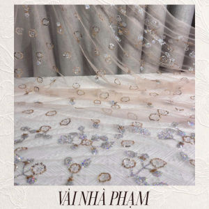 VẢI LƯỚI KẾT KIM SA HOA CHÂN 2 ĐẦU NỀN NUDE - KHỔ 1.5M - VẢI NHÀ PHẠM