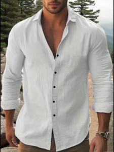 Mens Solid Cotton Long Sleeve Shirt Classic Collar Black Contrast Buttons Rollable Cuff Design Thin Summer Urban Daily Casual Slim Fit Shirt2026