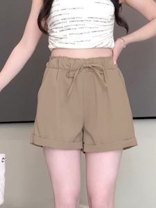 Ammin phong cách Hàn Quốc Thắt lưng co giãn ren-up túi quần ống rộng phụ nữ 2024 mỏng mùa hè a-khung eo cao Mỏng lỏng chân rộng quần tây thứ năm