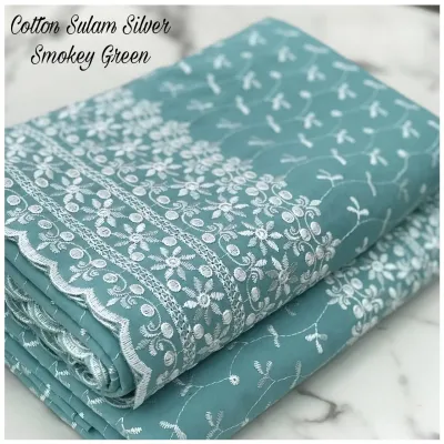 Kain Cotton Sulam Silver Open Meter Cotton Sulam Penuh Bidang 45