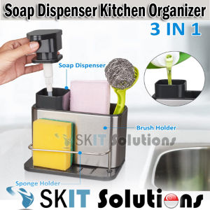 【SKIT SG】3-In-1 Stainless Steel Soap Dispenser Sponge Holder Brush Holder Utensils Kitchen Sink Organizer Multi Purpose Hand Towel Rustproof Rack Drain Hole Removable Drip Tray Space Saving Refillable Dispenser Easy Press Non Slip Design Kitchenware