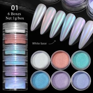 6Box/Set Pearl Mirror Chrome Nail Powder Holographic Nail Pigment Set Aurora Unicorn Effect Glitter