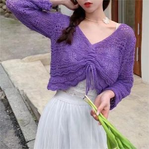 MC BJ1721 Baju Blouse Sweater Serut CropTop Atasan Long Sleeve Lengan Panjang Korea Berongga