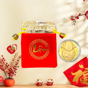 Túi rút mini túi đỏ may mắn túi rút nhung chữ Lộc túi dây rút nhung đỏ kèm đồng xu mạ vàng 24K - Happy Home 4U