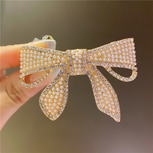 Jepit Rambut Bentuk Pita Aksen Mutiara Jepitan Otomatis Rhinestone Pearl Bow Shaped Hair Clip HCO010