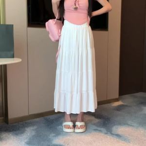 Ammin 2024 Váy màu trơn đơn giản dài trung bình Xuân/hè cho cho nữ phiên bản Hàn Quốc váy tầng chắp vá thời trang cạp cao co giãn chữ A