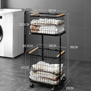 FFBH Metal Dirty Laundry Storage Baskets Double-layer Mobile Wheeled Basket Classification Basket Living Room Simplicity Home Storage 5T9N4