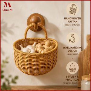 Rattan Wall Hanging Basket Woven Storage Organizer for Fruits Vegetables Kitchen Pantry Decor