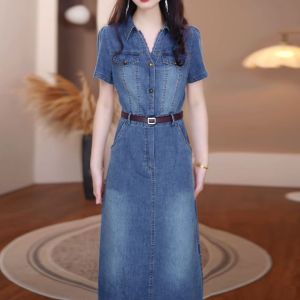 Fashion short-sleeved denim dress womens new denim dress temperament light luxury high-end thin denim dress