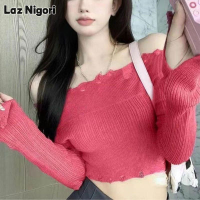 Laz Nigori Sweater for women sexy thin shoulder ripped knit cropped top