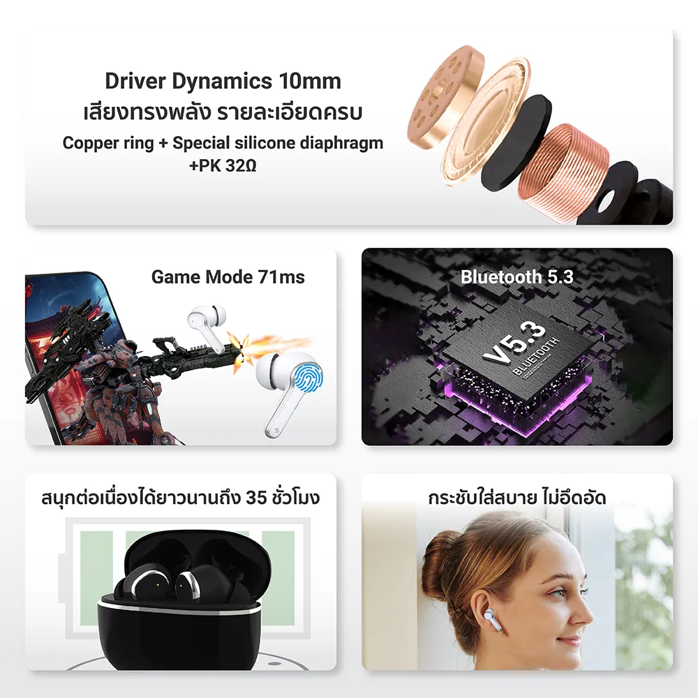 iSuper Evo Buds Life หูฟังไร้สาย Bluetooth 5.3 ไมค์ตัดเสียงรบกวน แบตอึด 35 ชม. รองรับแอป iSuper Play