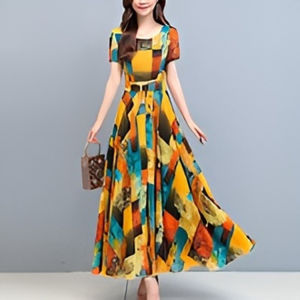 Floral Printed Midi Dress for Women 2025 New Style Short Sleeve Casual Summer Dress Lady Flower Printed Dresses