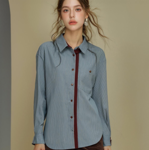 Striped Shirt For Women Autumn 2025 Blue Red Splicing Contrasting Color Shirts Laple Loose Retro Commute Tops